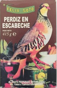 Envase de conserva de perdiz en escabeche. Para elaborar la ensalada de perdiz escabechada con fresas. Marca Félix Soto.