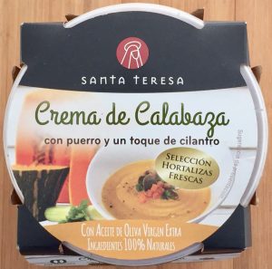 Envase crema de calabaza con cilantro. Marca Santa Teresa.