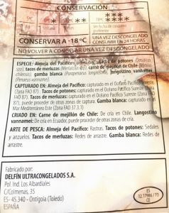 Etiqueta de pescado congelado. Marca Flete.Zonas FAO y etiquetado del pescado.