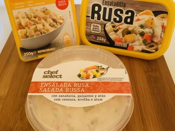 Comparativa tres ensaladillas rusas preconizadas. Carrefour, Hacendado y Chef Select.