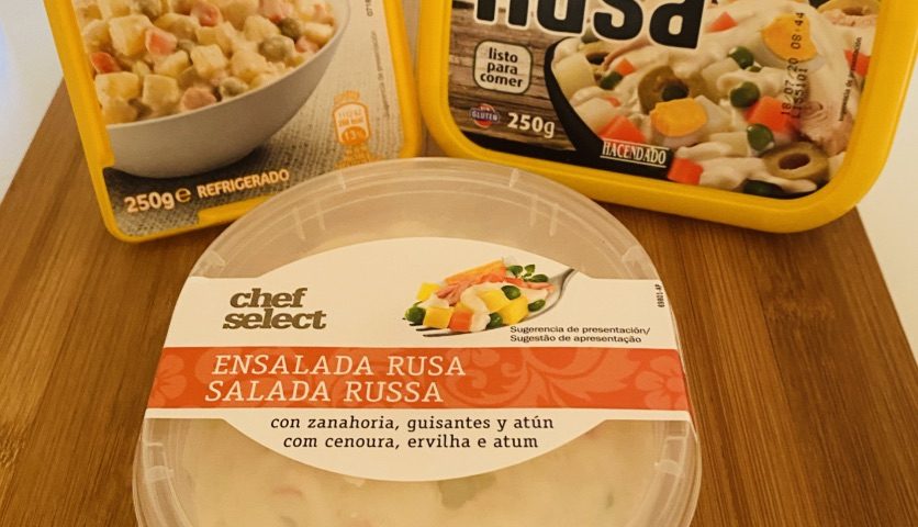 Comparativa tres ensaladillas rusas preconizadas. Carrefour, Hacendado y Chef Select.