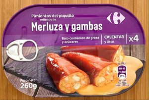 Lata de pimientos del piquillo rellenos de merluza y gambas.